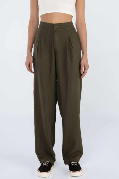 Calça reta linho com bolsos