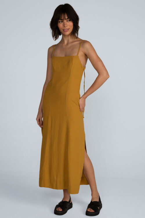 Vestido midi linho Vestido Mostarda 113SS26084 6
