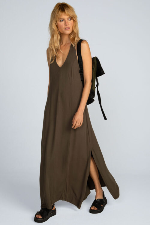 Vestido longo viscose lisa Vestido Musgo 113SS26091 1