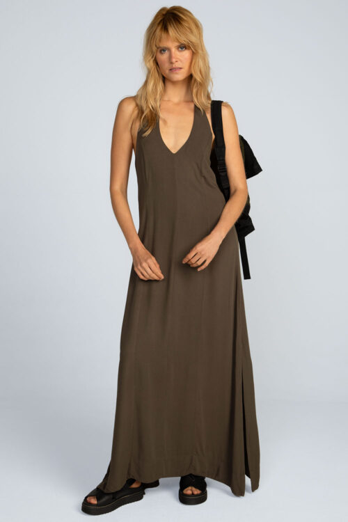 Vestido longo viscose lisa Vestido Musgo 113SS26091 2