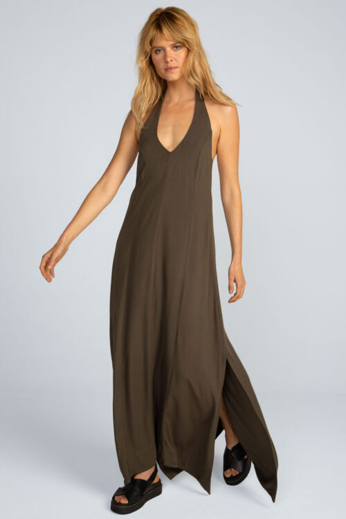 Vestido longo viscose lisa Vestido Musgo 113SS26091 9